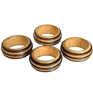 Wooden Vintage Napkin Rings Set of 4 Brown Two Tone Brown Ribbed Rustic Farm
